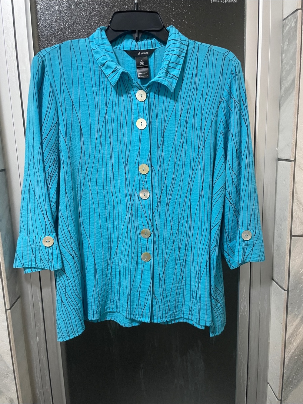 Ali Miles Turquoise Button-Front Shirt with Black Pinstripes